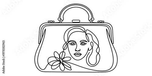 A continuous line drawing of a woman face and a flower feature on a vintage style hand bag design Vector, illustration