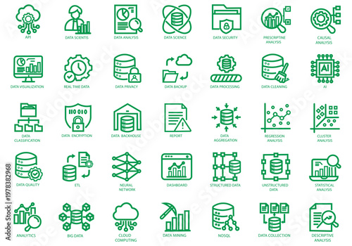 Data Driven icon set. Containing algorithm, big data, analysis, analytics, data mining, machine learning, ai, visualization, database, predictive, and more. Editable stroke. Vector Illustration