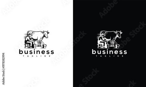 Farm Logo Milking Cow with Farmer
