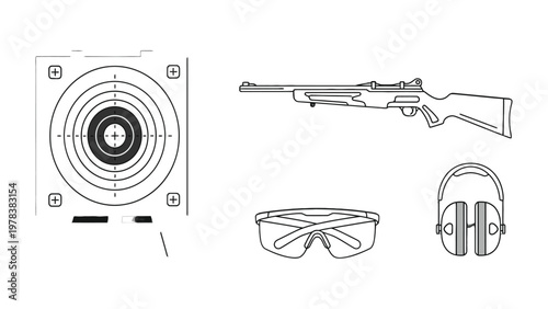Precision and Safety: A detailed illustration showcasing the tools of marksmanship – a target, rifle, safety glasses, and ear protection, emphasizing precision and safety.
