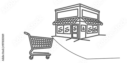 A black and white line art illustration featuring a shopping cart placed outside a retail store Vector, illustration