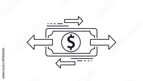 Outline icon of a US dollar bill with arrows pointing left and right representing currency exchange money transfer or cash flow.