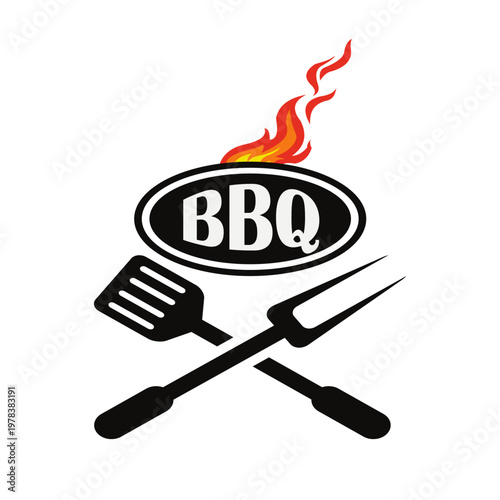 BBQ Grill Logo with Crossed Spatula and Fork Symbol