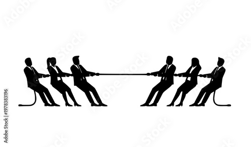 Business people tug of war vector with competing teams pulling rope in corporate competition concept isolated on white