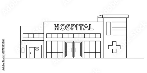 A simple black and white line drawing of a modern hospital building for coloring book activities. Vector, illustration