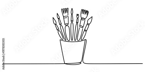 A single continuous line drawing of various artist paintbrushes standing inside a small cup Vector, illustration