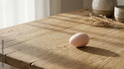 Single egg on rustic wooden table with natural sunlight