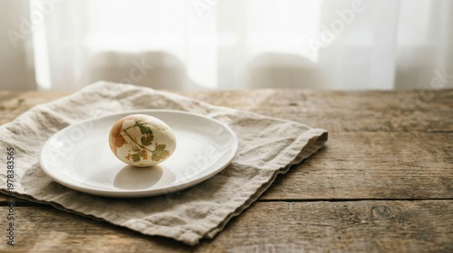 Naturally dyed easter egg on white plate with linen fabric