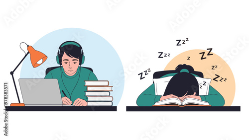 Two-part illustration of a tired student studying late at night with a laptop and then falling asleep on a pile of books.