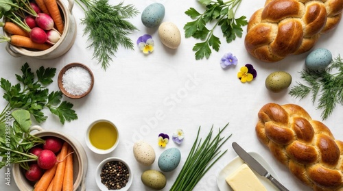 Top view easter food composition with bread eggs herbs and vegetables