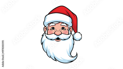 Charming cartoon portrait of Santa Claus with a white beard and red hat smiling cheerfully on a white background.