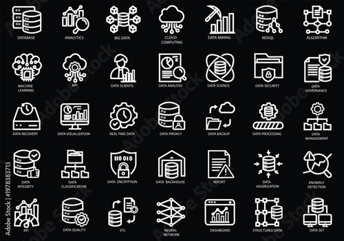Data Driven icon set. Containing algorithm, big data, analysis, analytics, data mining, machine learning, ai, visualization, database, predictive, and more. Editable stroke. Vector Illustration