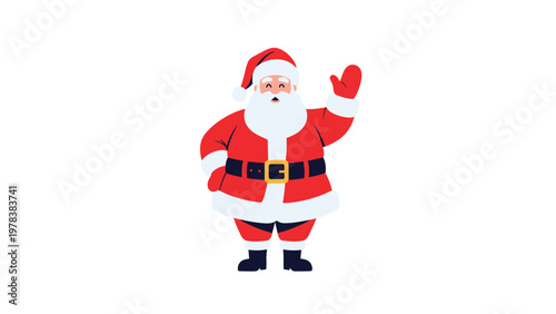 Friendly cartoon Santa Claus in a red suit and boots waving his hand while smiling on a plain white background.