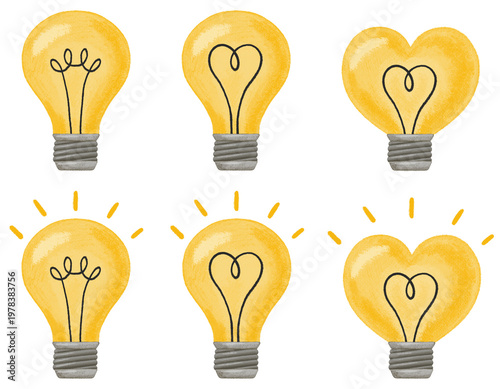 Tablou pe pânză Collection of luminous yellow light bulb icons and heart-shaped bulbs isolated on transparent background