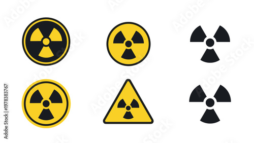 Set of six international radiation hazard warning symbols in yellow and black colors with different circular and triangular frames.