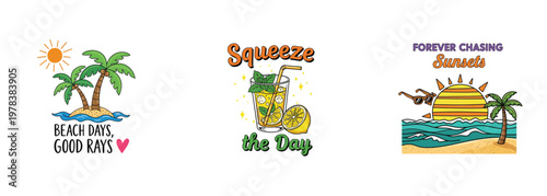 Colorful summer themed sticker designs featuring tropical imagery and positive slogans