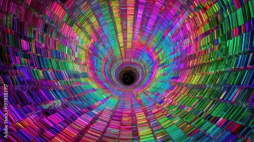A vibrant and colorful abstract image of a tunnel with a black hole in the center
