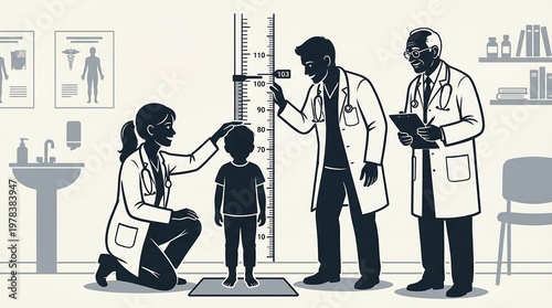 Child's height check: In a clinical setting, medical professional and patient take measurement to confirm the height