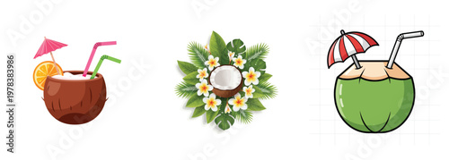 Three tropical drinks in coconuts with colorful garnishes and umbrellas