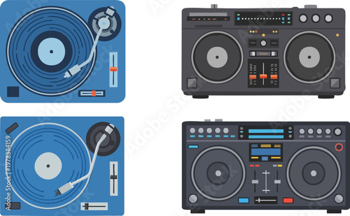 Retro DJ equipment set with vinyl turntables and mixing consoles, vintage blue record players, professional audio mixer vector illustration