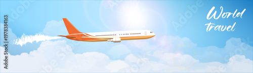 Modern aircraft flying above the clouds for world tourism and vacation concept. Concept of travel and aviation: Passenger plane soaring through clouds with bright sun flare.