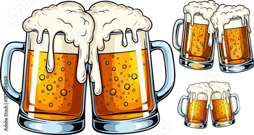 Vintage beer mugs clinking with overflowing foam, hand drawn comic style beer glasses, amber ale in glass tankards for pub and brewery branding
