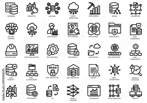 Data Driven icon set. Containing algorithm, big data, analysis, analytics, data mining, machine learning, ai, visualization, database, predictive, and more. Editable stroke. Vector Illustration