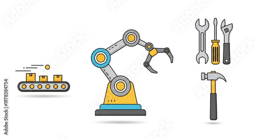 Industrial robot arm with conveyor belt and tools.