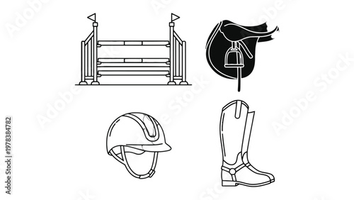 Equestrian Elements Illustration: A collection of essential equestrian elements in an illustrated style, showcasing a jump, saddle, riding helmet, and riding boot. 