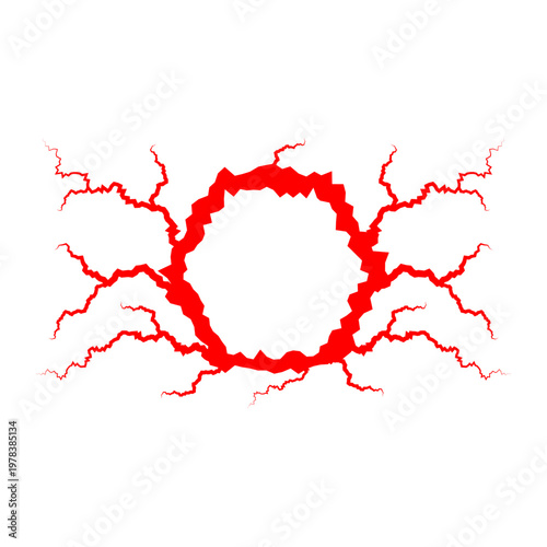 red lightning crack frame with electrical energy effect, broken wall hole with red jagged cracks border, abstract red electric circle strike isolated on white, destructive red fissure ring for impact 