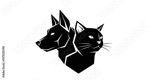 Stylized Black Cat and Dog Heads Silhouette Logo Design