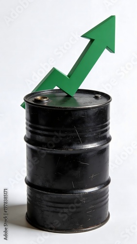 Oil barrel with upward arrow isolated on white background representing rising oil prices and global energy cost increase.