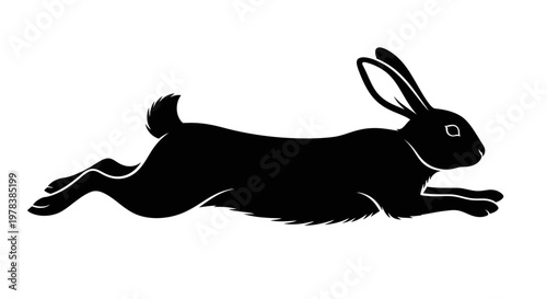 Black silhouette of a running rabbit, isolated on white background, dynamic motion.
