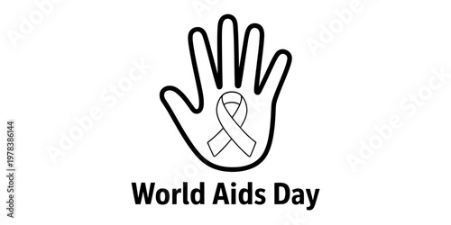 A black and white graphic design representing world aids day with a hand and a awareness ribbon Vector, illustration