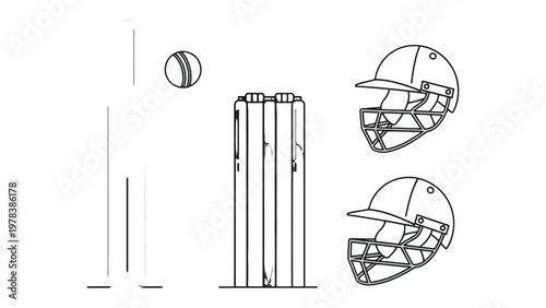 Cricket Essentials: A minimalist depiction showcases key cricket elements, from stumps and bails to protective helmets and the vital cricket ball, all against a clean backdrop. 