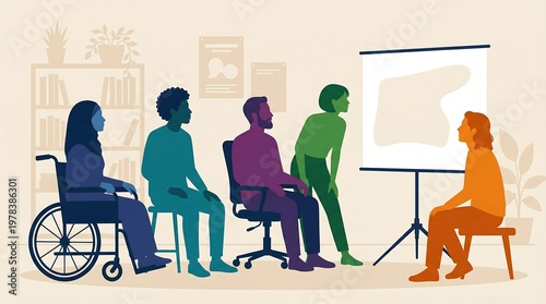 Inclusive Gathering: A group of individuals representing different backgrounds and abilities convene in a supportive environment, collaborating and sharing insights during a presentation.