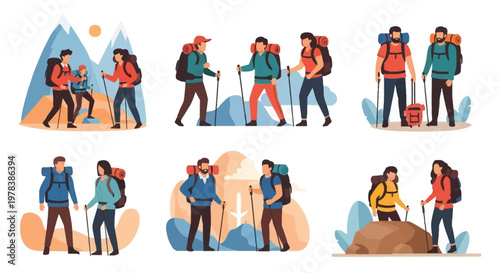 Diverse hikers with backpacks and trekking poles enjoying mountain adventures, set of illustrations