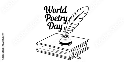 A black and white sketch featuring a quill pen in an inkwell resting on a closed hardback book Vector, illustration