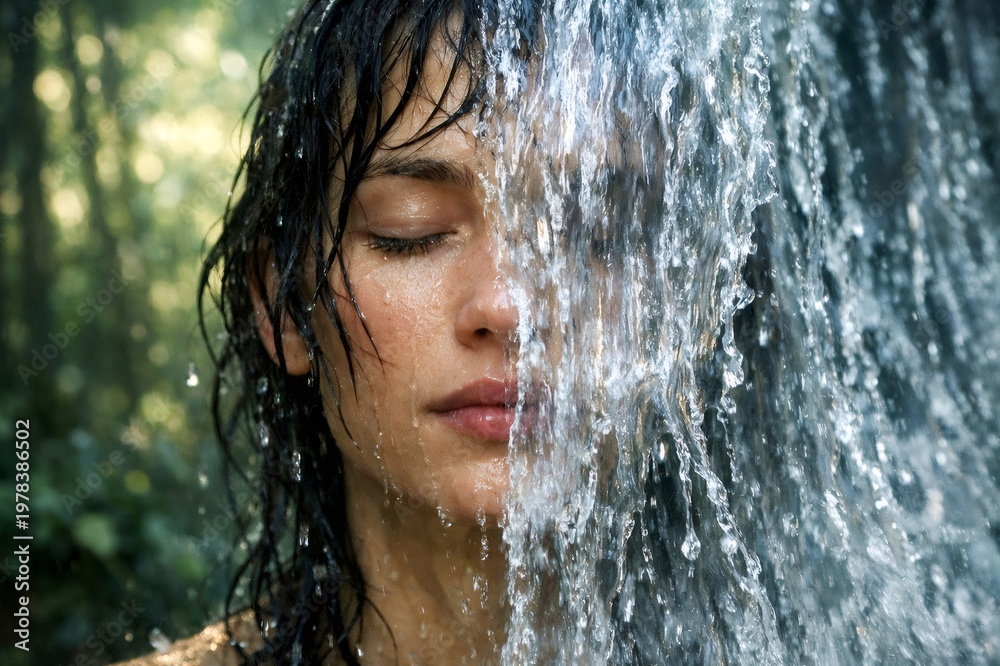Fototapeta premium Woman standing in nature, eyes closed, feeling the cleansing and refreshing stream of water pouring over half of her face and hair, symbolizing purity and renewal