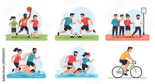 Diverse group of people enjoying various sports and outdoor activities