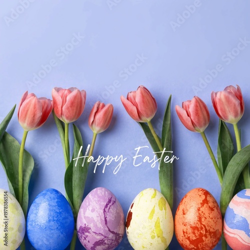 colorful easter eggs and tulips
