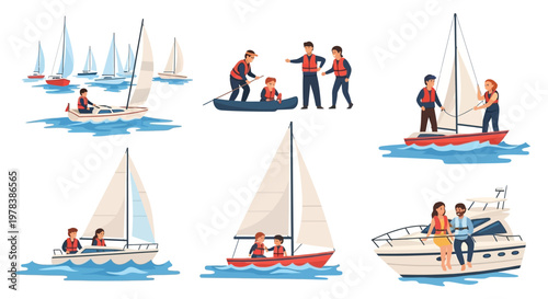 Diverse group of people enjoying various water sports and leisure activities on boats