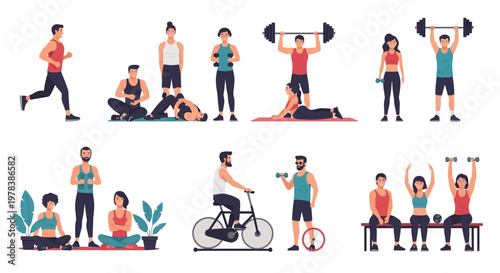 Diverse Group of People Exercising and Practicing Yoga in a Bright, Modern Setting