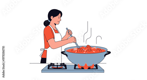 Woman wearing apron cooking delicious meal in large pot on stove top for dinner preparation in kitchen setting for home culinary hobby activities