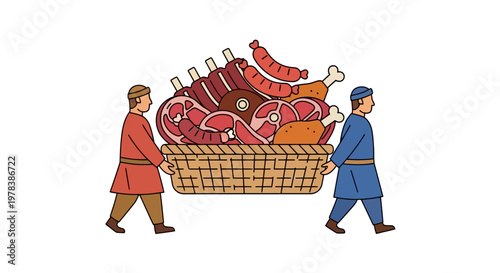 Two Medieval Men Carrying A Large Woven Wicker Basket Filled With Assorted Raw Meat Cuts Including Sausages Ribs And Poultry For Delivery Service