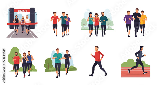 Diverse group of people running and competing in a race, fitness and healthy lifestyle