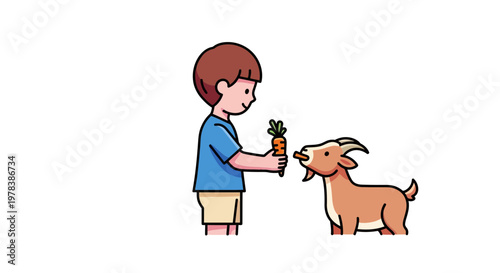 Young boy standing and feeding a carrot to a small brown goat on a farm in a simple flat style design for educational materials for small children