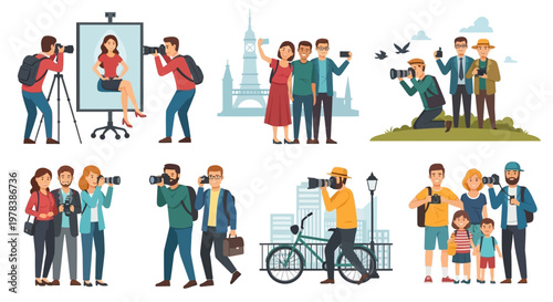 Diverse Group of Photographers Capturing Moments in Various Settings