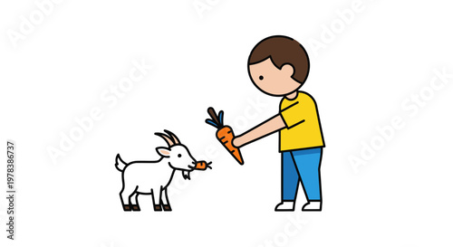 A young boy feeding a small white goat with a fresh orange carrot in a simple minimalist style cartoon character design on a plain white background