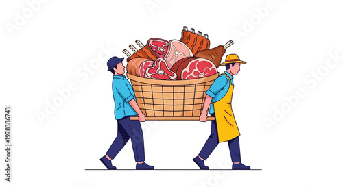 Two Workers Carrying A Large Wicker Basket Filled With Assorted Raw Meat Cuts Including Ribs And Steaks For Delivery To A Local Butcher Shop Market